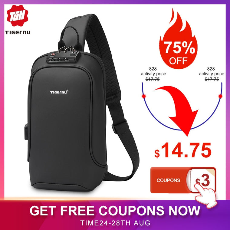 Tigernu New Men Bag USB Charging Chest Bag